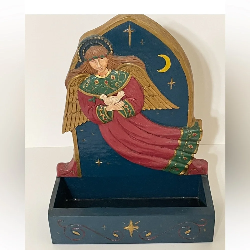 1990s Folk Art Wood Standing or Hangable Box Angel Dove Christmas Motif